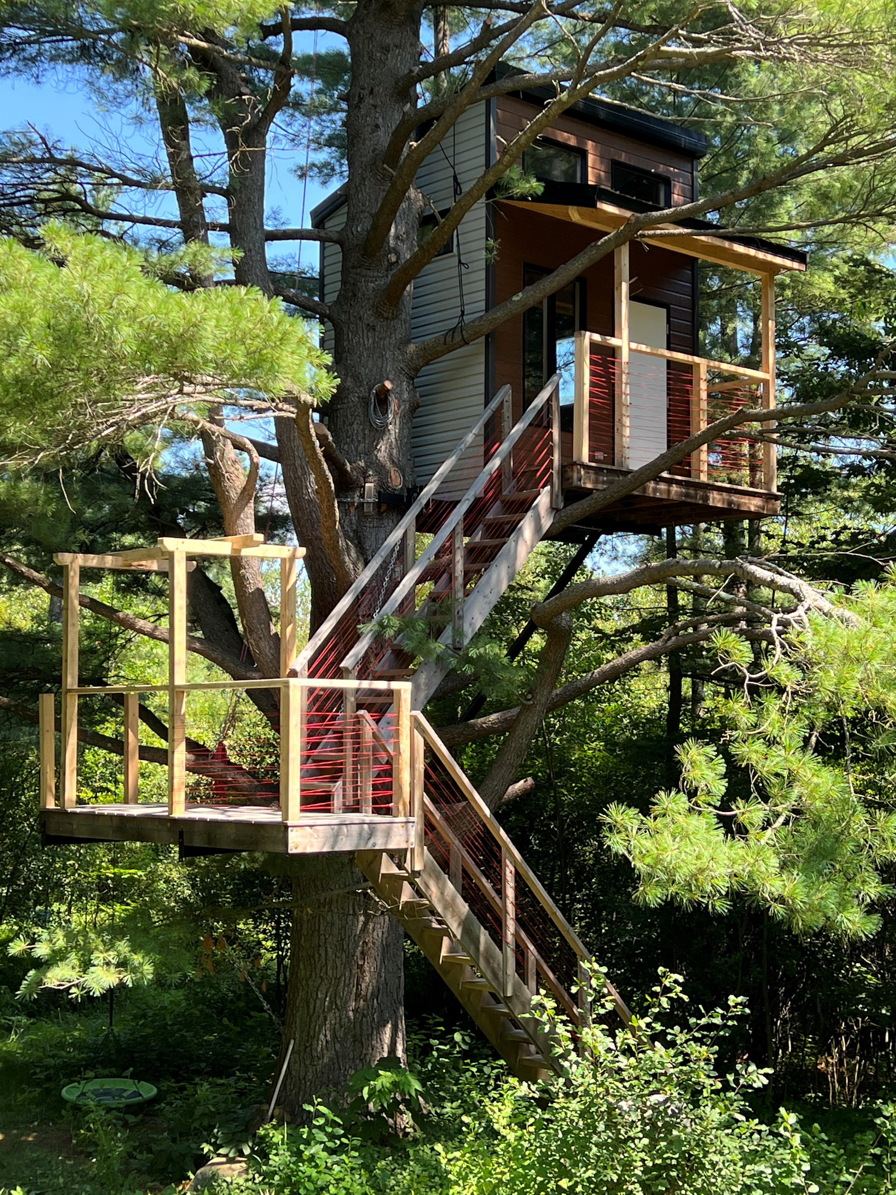 Mini maison suspendue dans un arbre